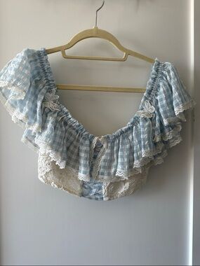 Sugar Thrillz Blue and White Gingham Ruffle Crop Top
